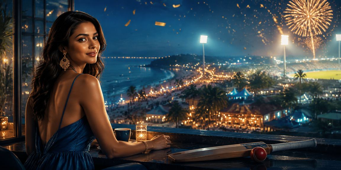 Exciting cricket betting scene in Goa with blue and gold lighting