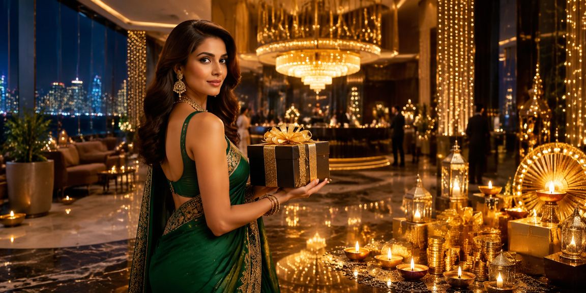 Woman celebrating with festive saree illustrating trust and joy