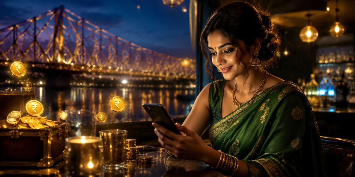 Happy player registering on mobile device with traditional Indian attire